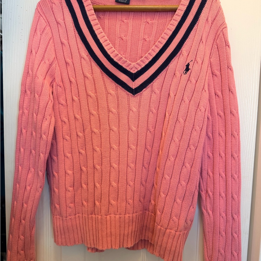 Ralph Lauren Pink Cable Knit V-Neck Sweater